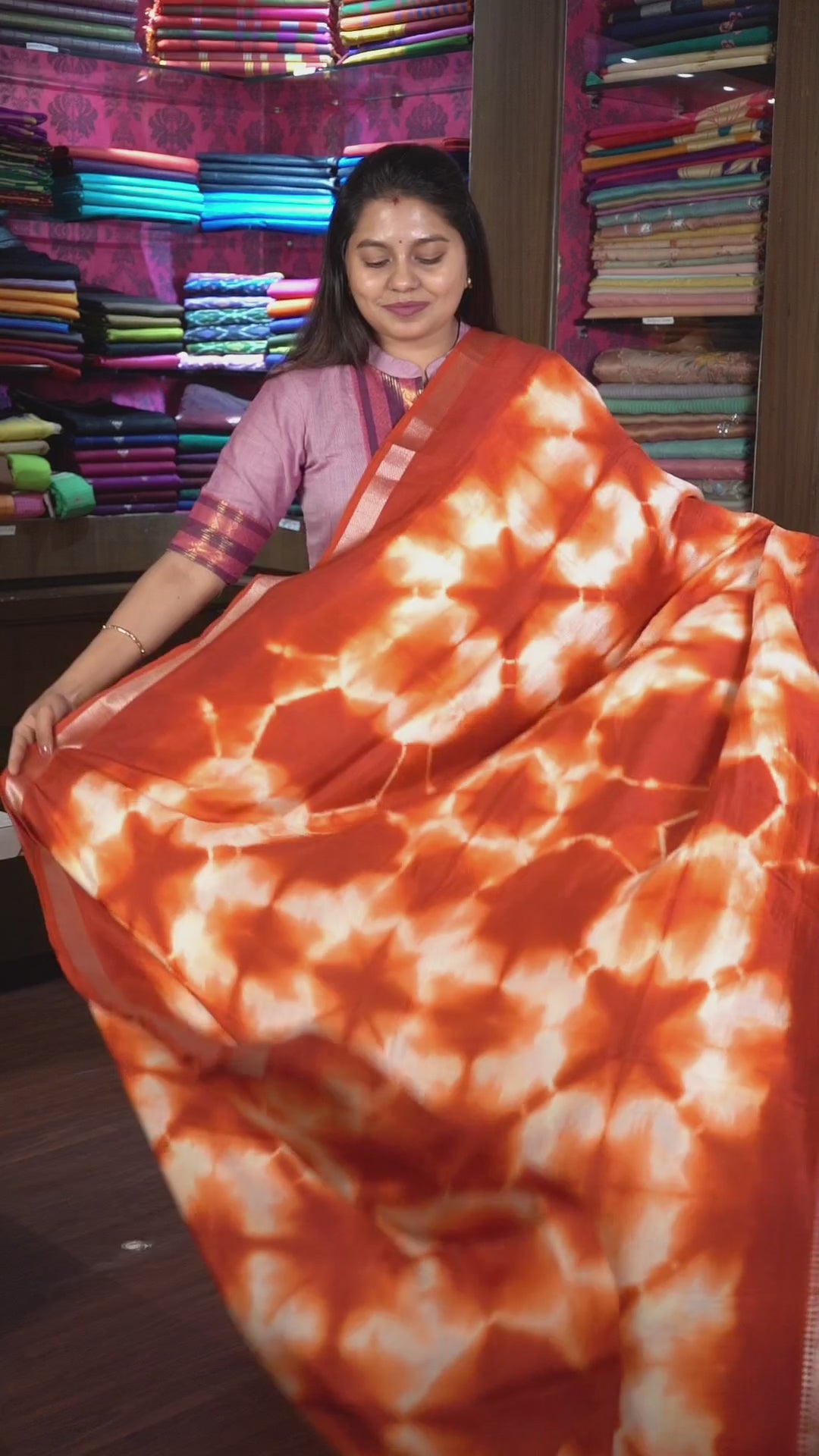 Rust Orange With White Shibori Mangalgiri Saree