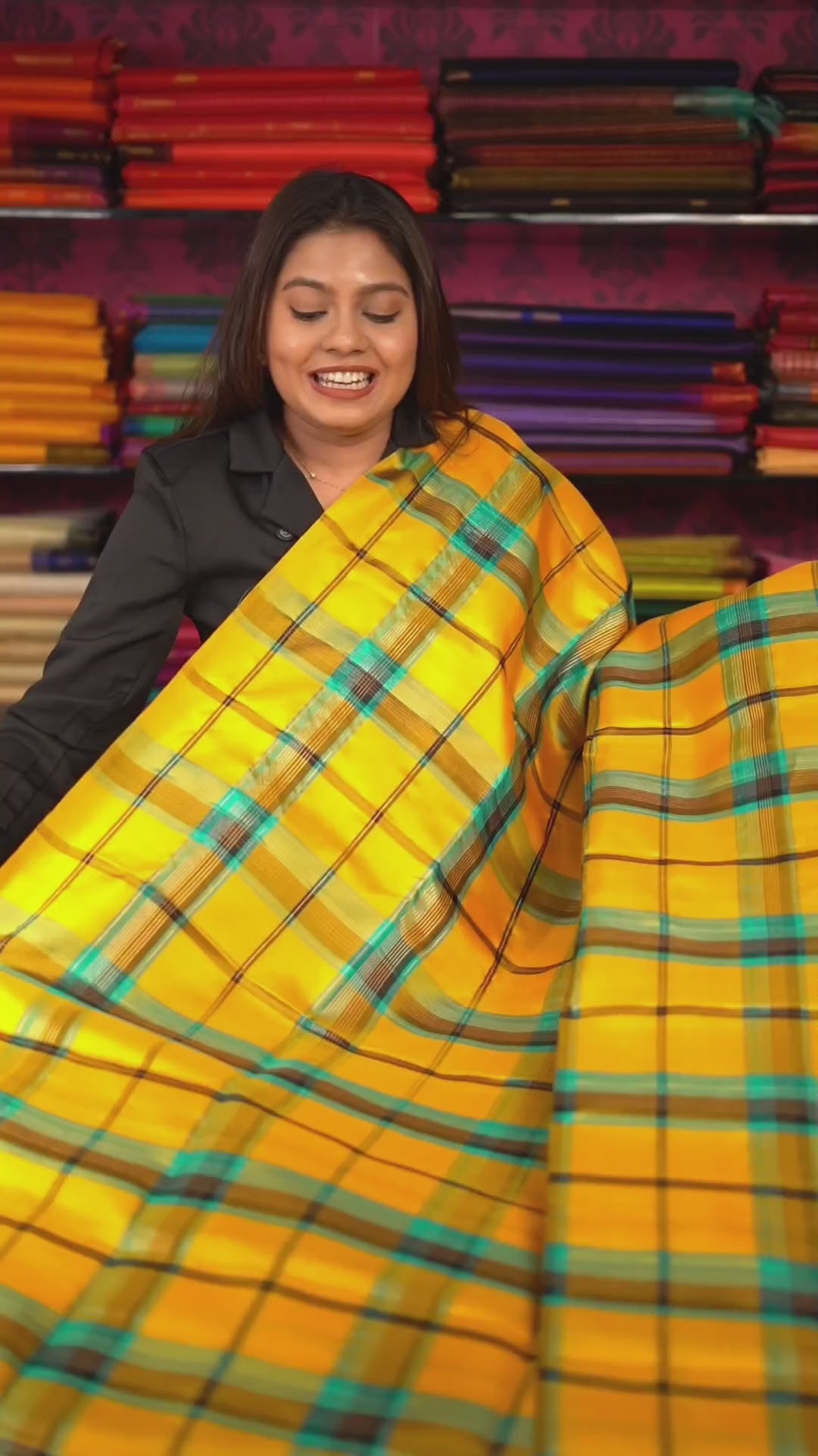 Yellow With Turquoise Blue Burberry Checks Pure Soft Silk Saree