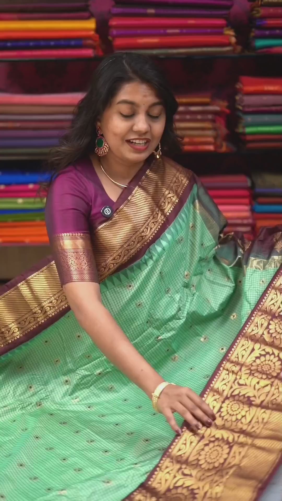 Mint Green With Brown Semi Gadwal Silk Saree