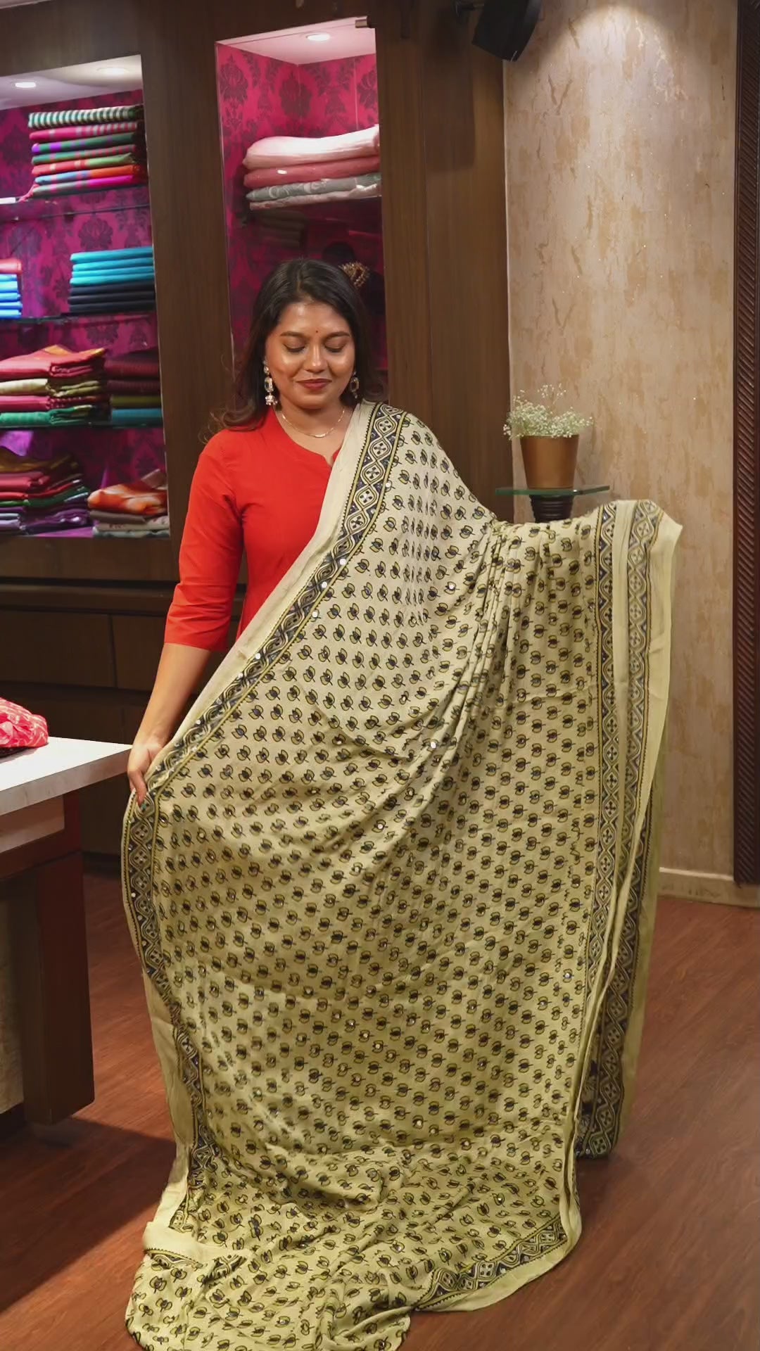 Off White Lotus Motif Mirror Work Ajrakh Modal Silk Saree
