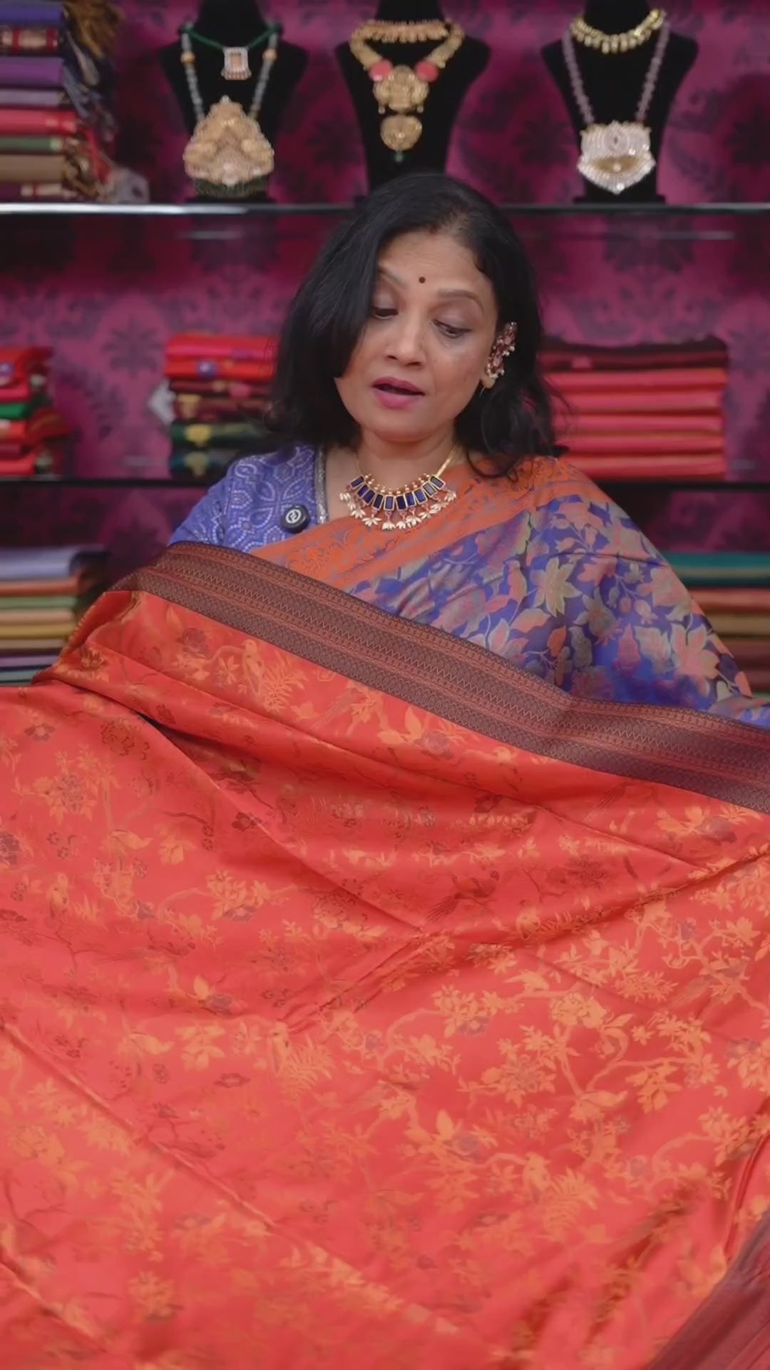 Coral Red Pashmina Silk Saree