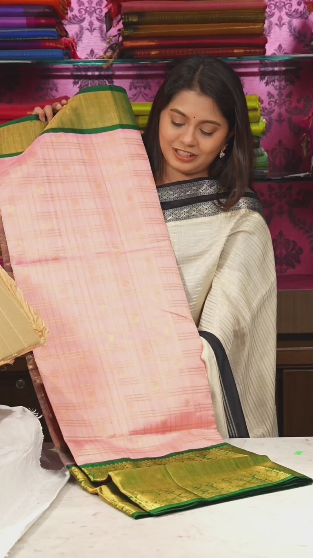 Lotus Pink With Leaf Green Pure Silk Cotton Saree