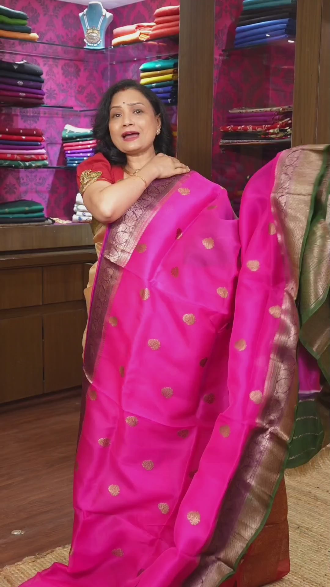 Pink With Green Banarasi Organza saree