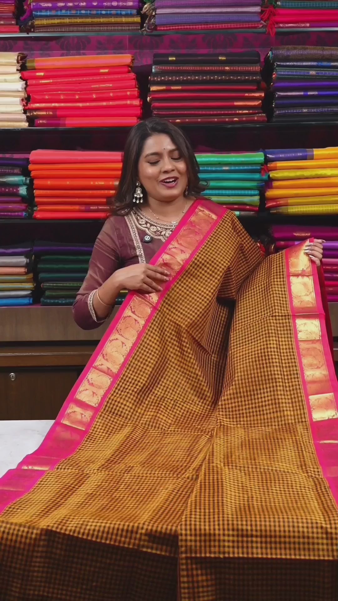 Honey Brown Checked With Pink Pure Silk Cotton Saree