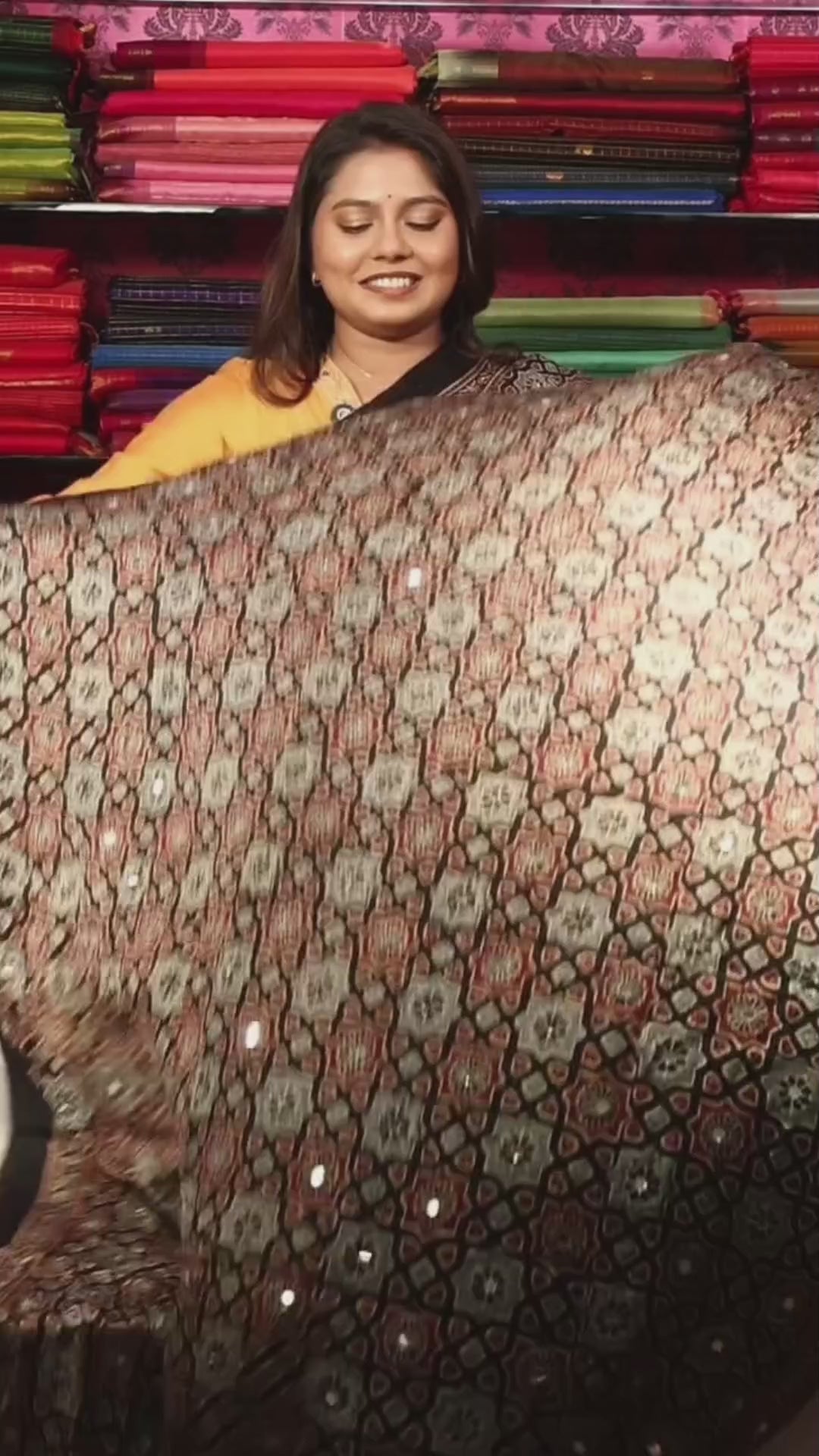 Black  Mirror Work Ajrakh Modal Silk Saree