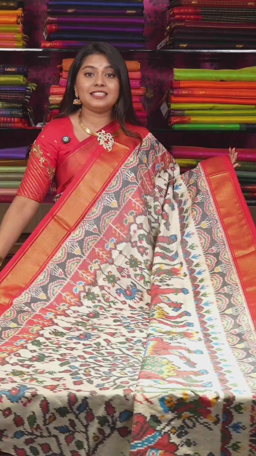 Off White With Red Pochampally Silk Saree