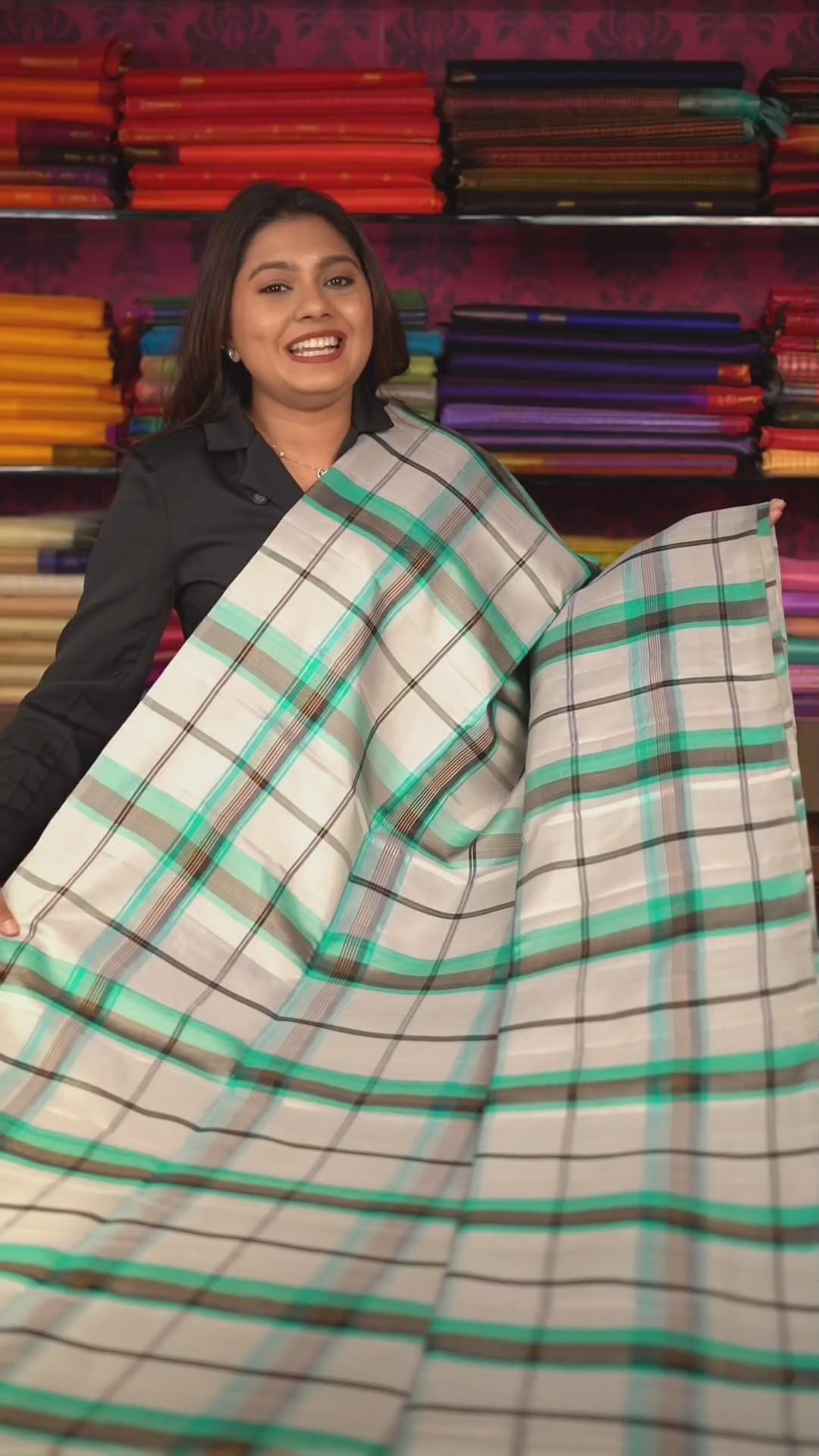 Silver With Turquoise Blue Burberry Checks Pure Soft Silk Saree