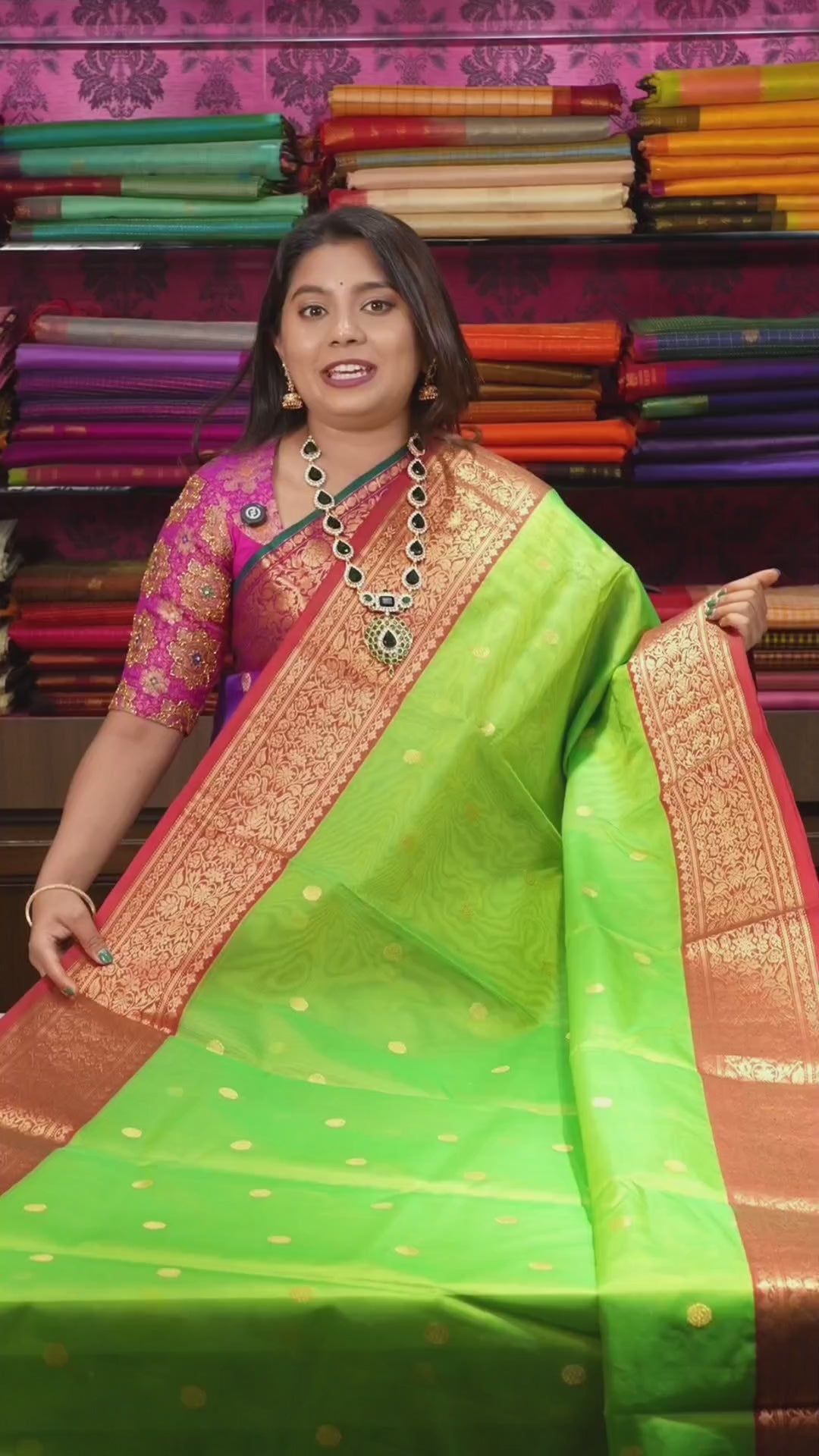 Parrot Green With Red Chanderi Katan Silk Handloom Saree