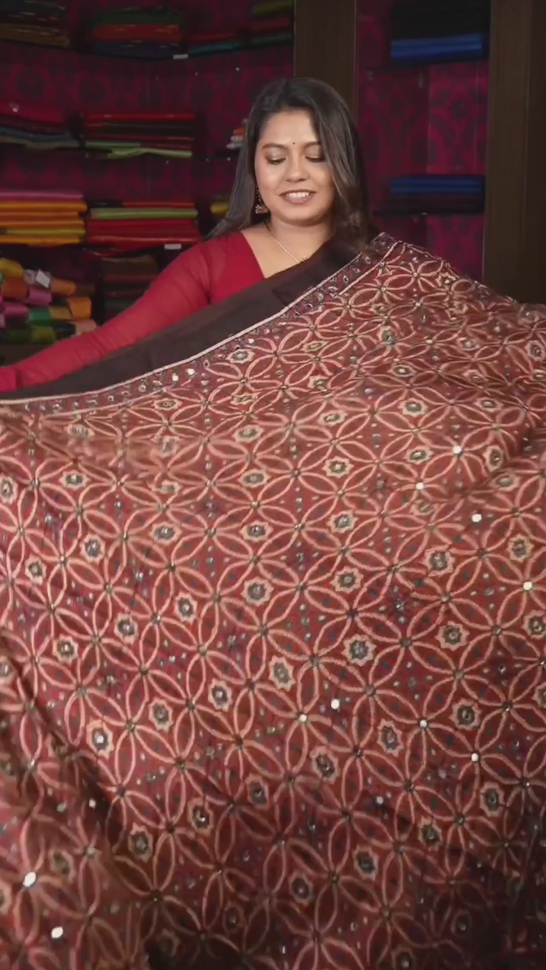 Rust Orange Mirror Work Ajrakh Modal Silk Saree