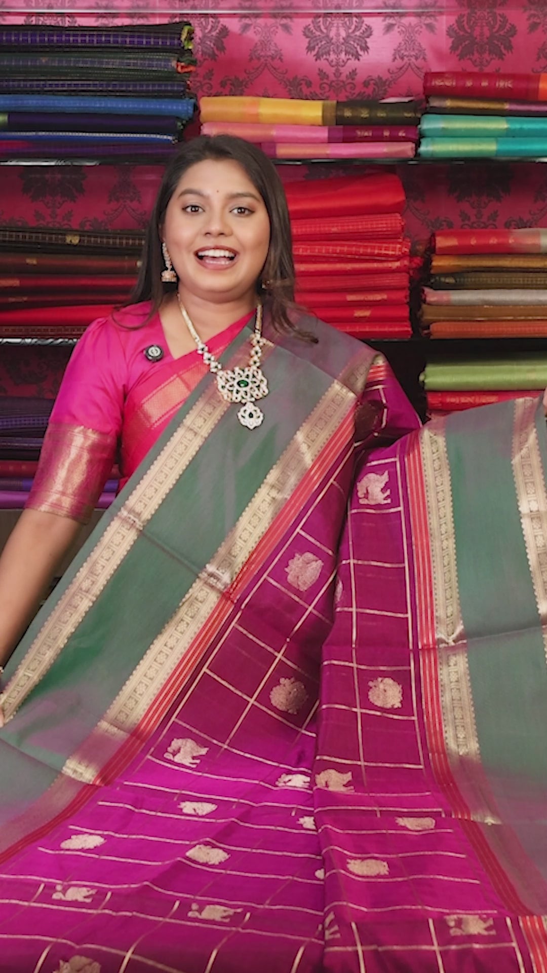 Vadamalli Purple Kattam Butta With Green Chettinad Silk Cotton Saree