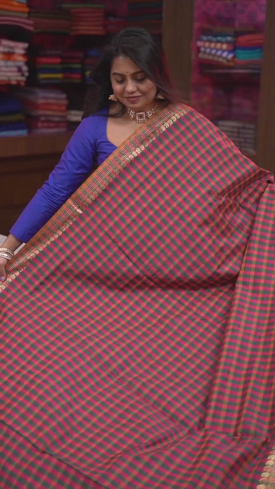 Green With Red Checks Semi Silk Cotton Saree