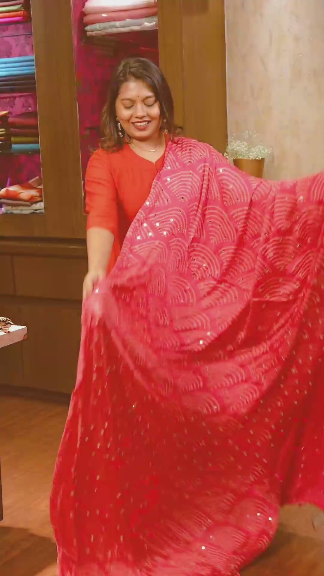 Pink Mirror Work Ajrakh Modal Silk Saree