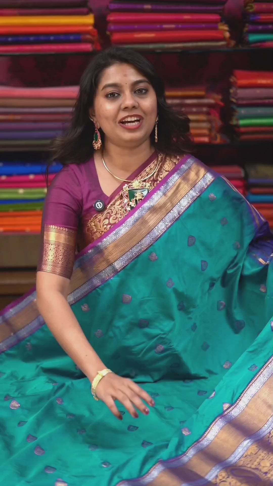 Peacock Green With Purple Semi Gadwal Silk Saree