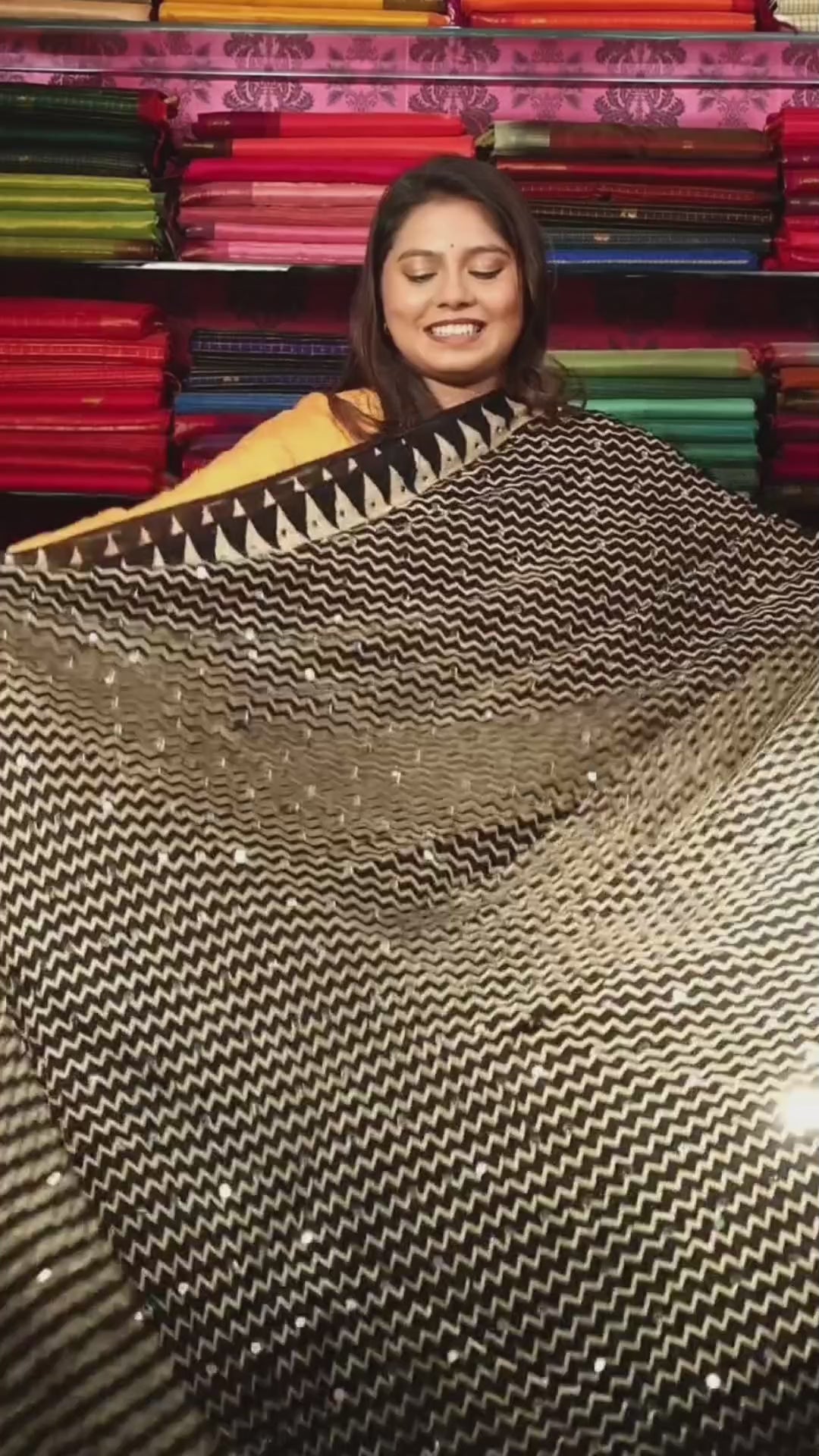 Black Mirror Work Ajrakh Modal Silk Saree