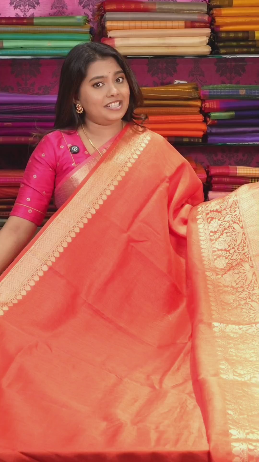 Coral Red Banarasi Linen Saree