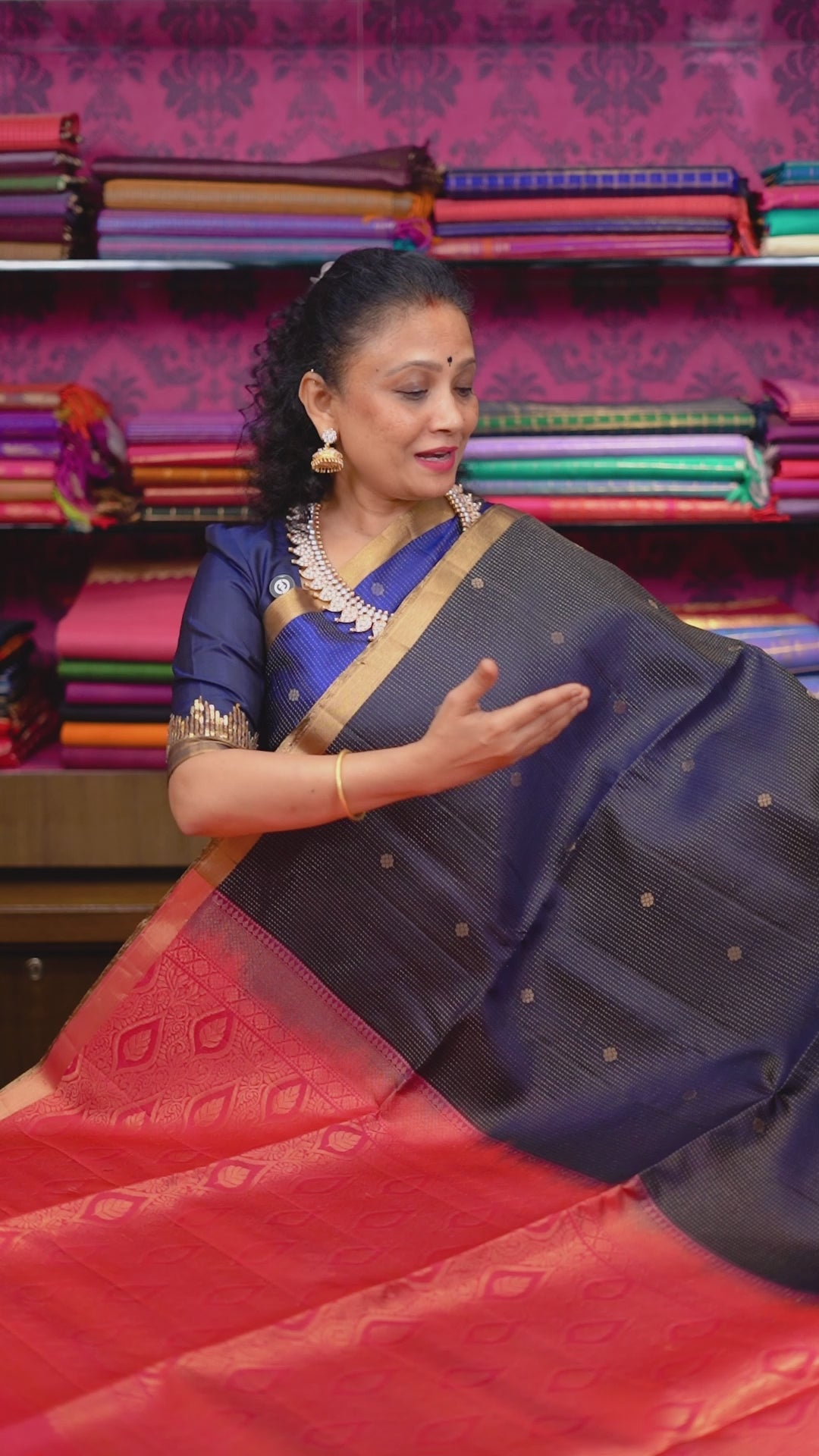 Navy Blue With Tomato Red Pure Soft Silk Saree