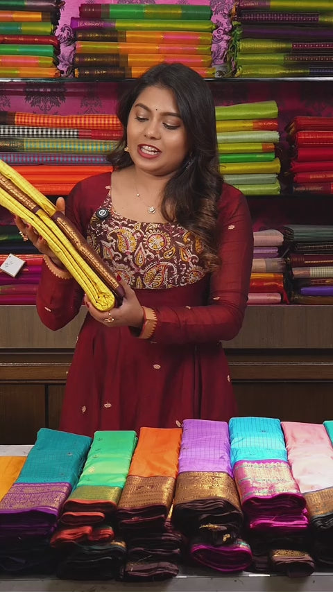 Lemon Yellow With Brown Semi Gadwal Silk Saree