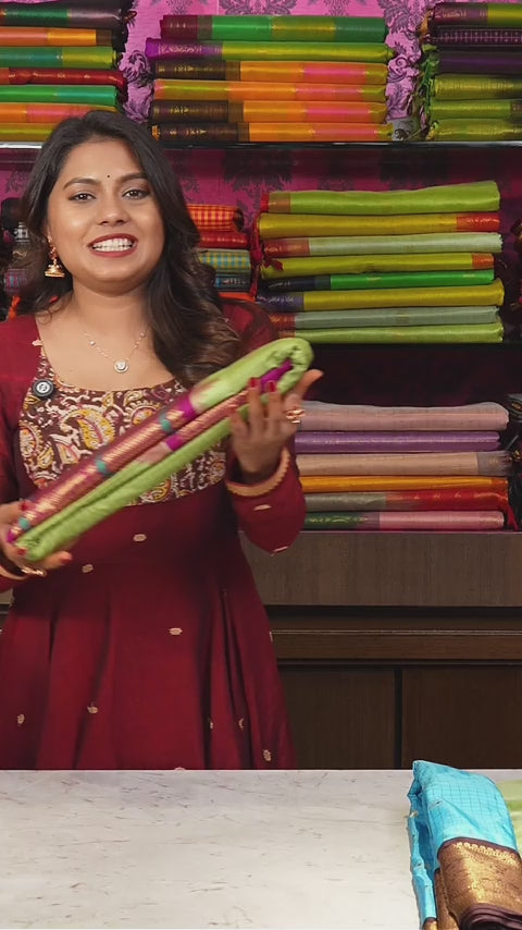 Pastel Green With Rani PInk Semi Gadwal Silk Saree