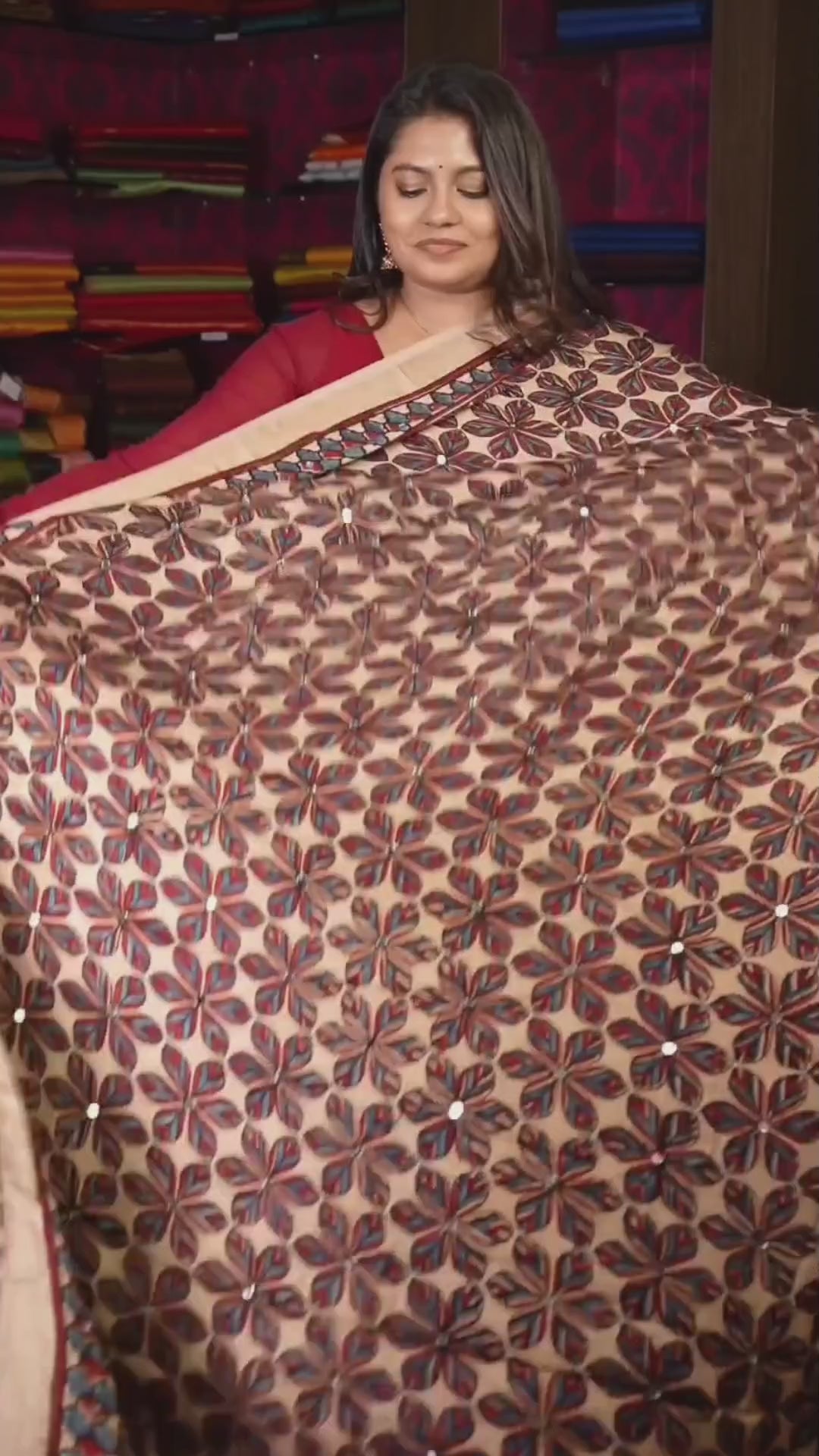 Off white With Maroon Mirror Work Ajrakh Modal Silk Saree