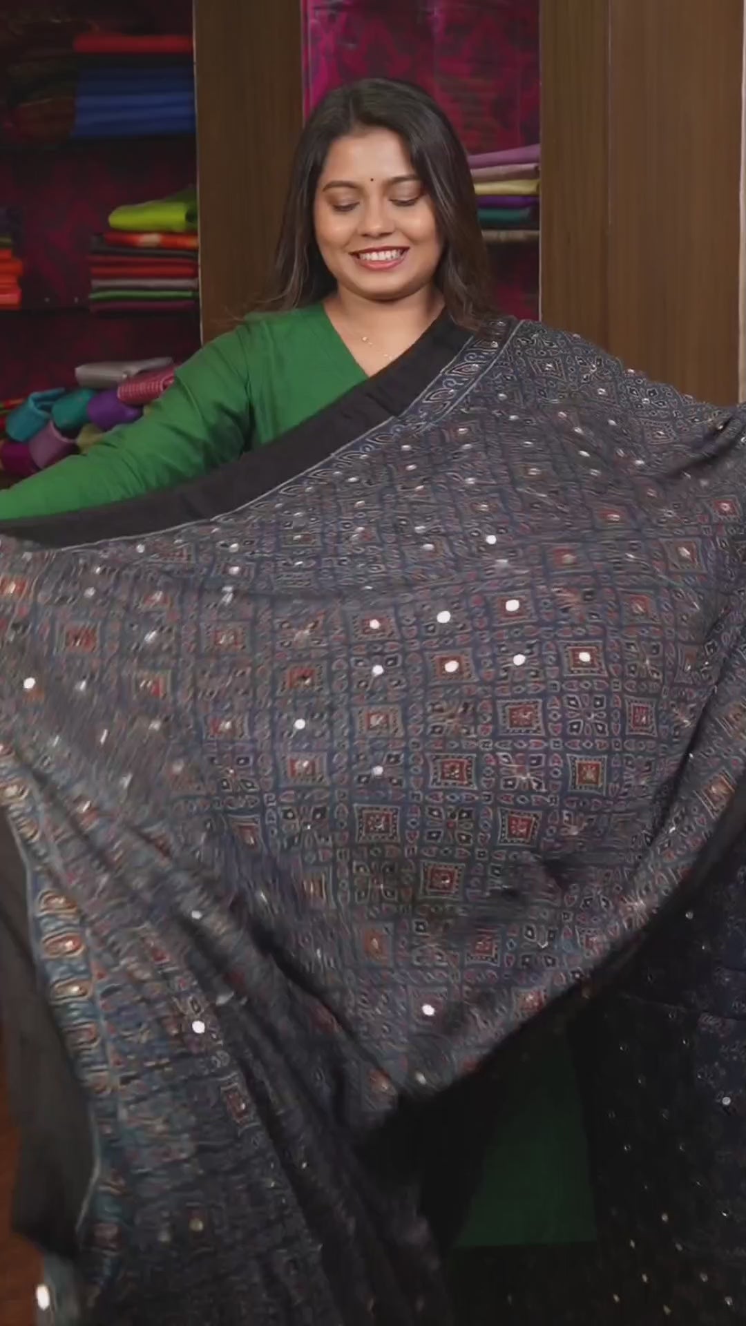 Sridevi Blue Ajrakh Mirror Work Modal Silk Saree