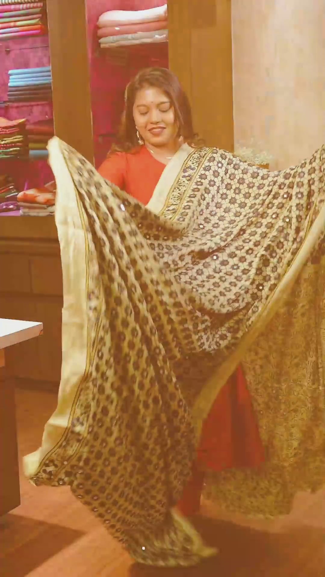 Off White Floral Motif Mirror Work Ajrakh Modal Silk Saree