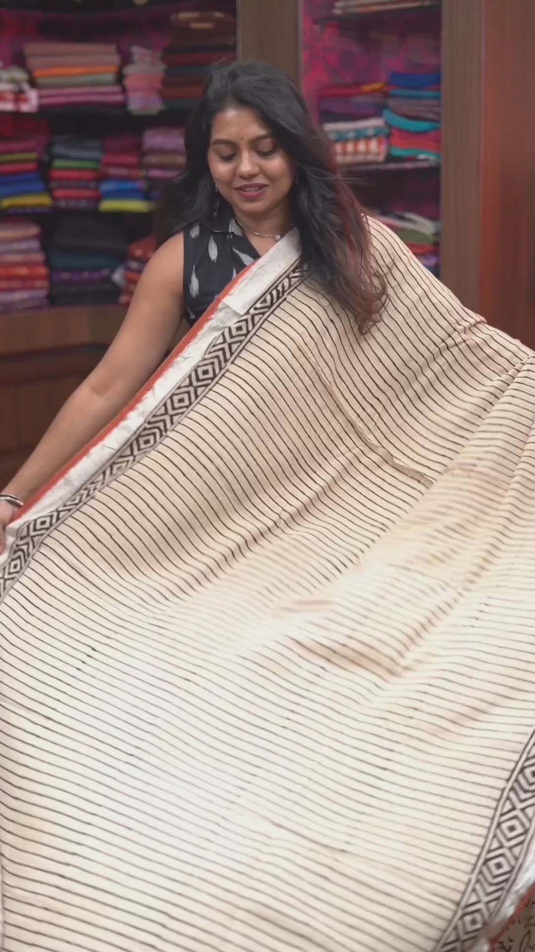 Off White With Black Linen Cotton Saree
