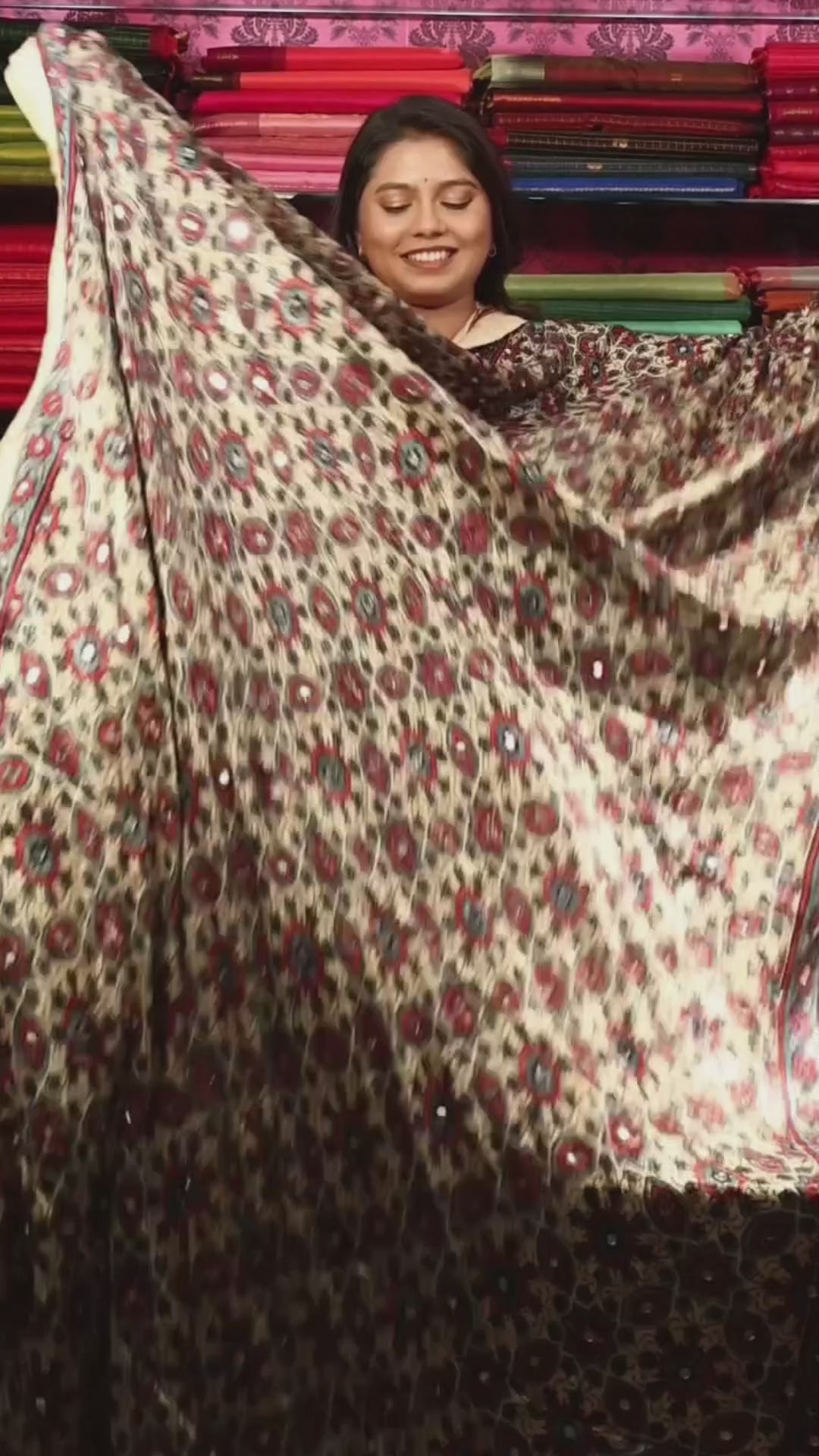 Ivory With Maroon Mirror Work Ajrakh Modal Silk Saree