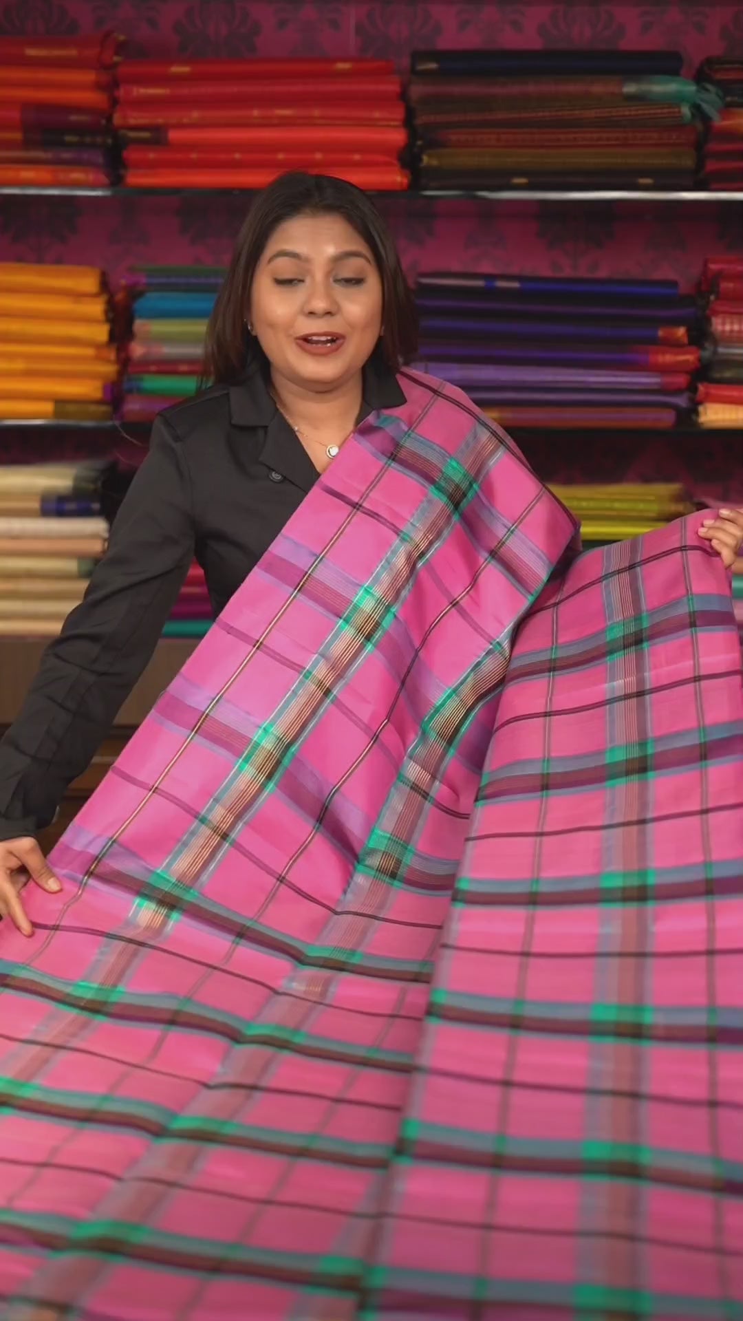 Pink With Turquoise Blue Burberry Checks Pure Soft Silk Saree