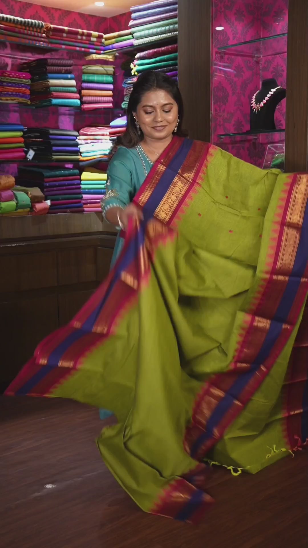 Green With Red And Purple Kanchi Cotton Saree
