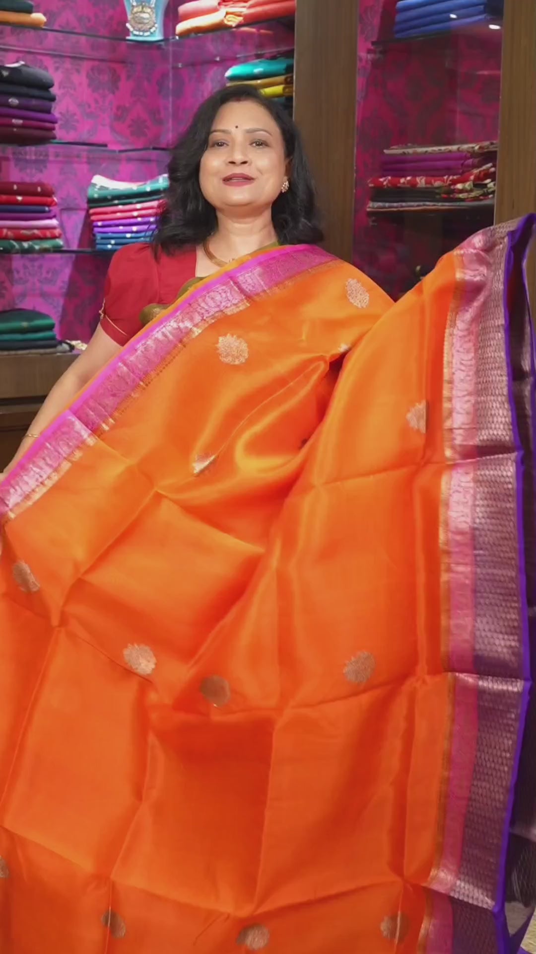 Tomato Orange Banarasi Silk Organza saree