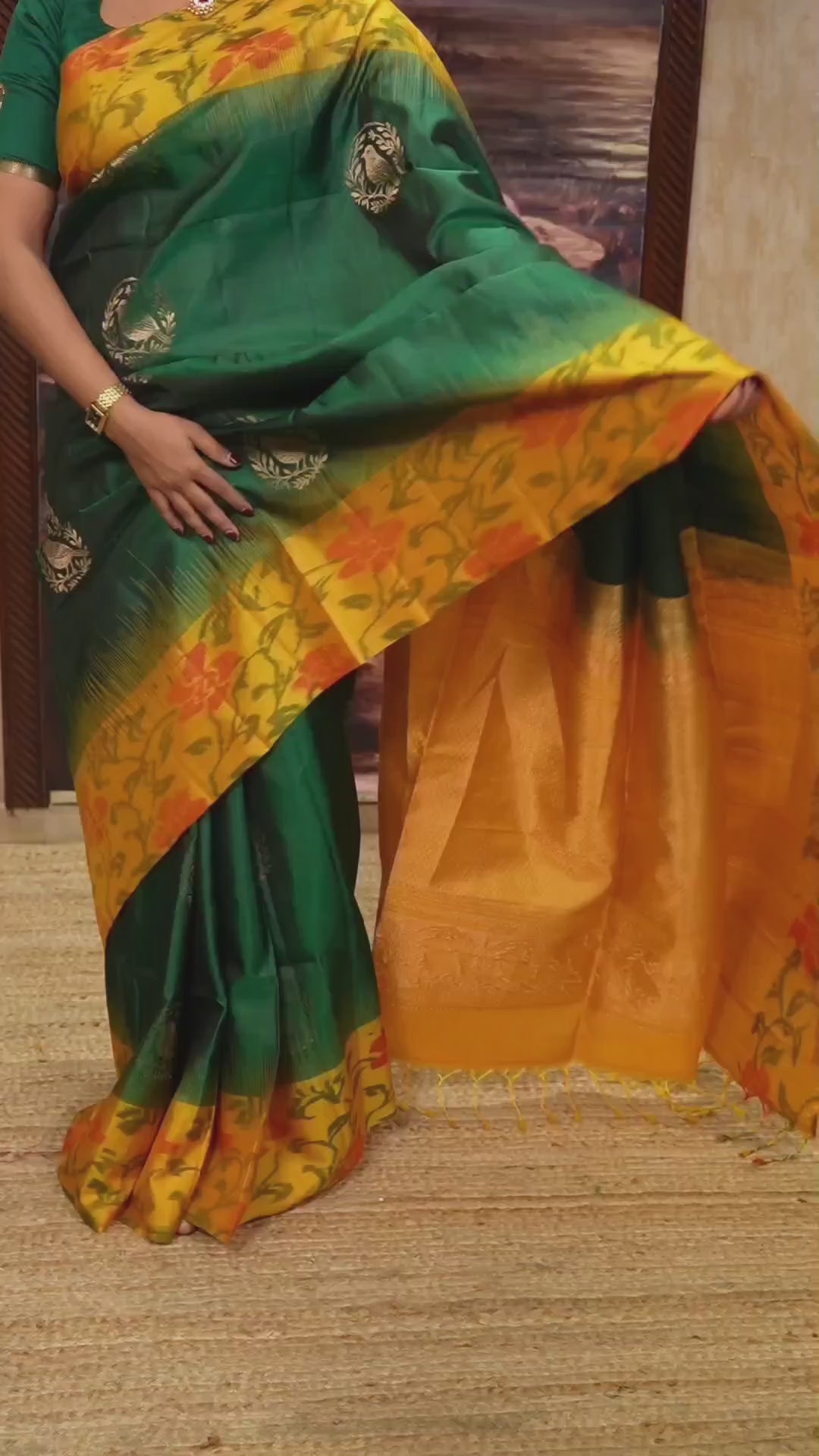 Green With Yellow Pure Soft Silk Saree