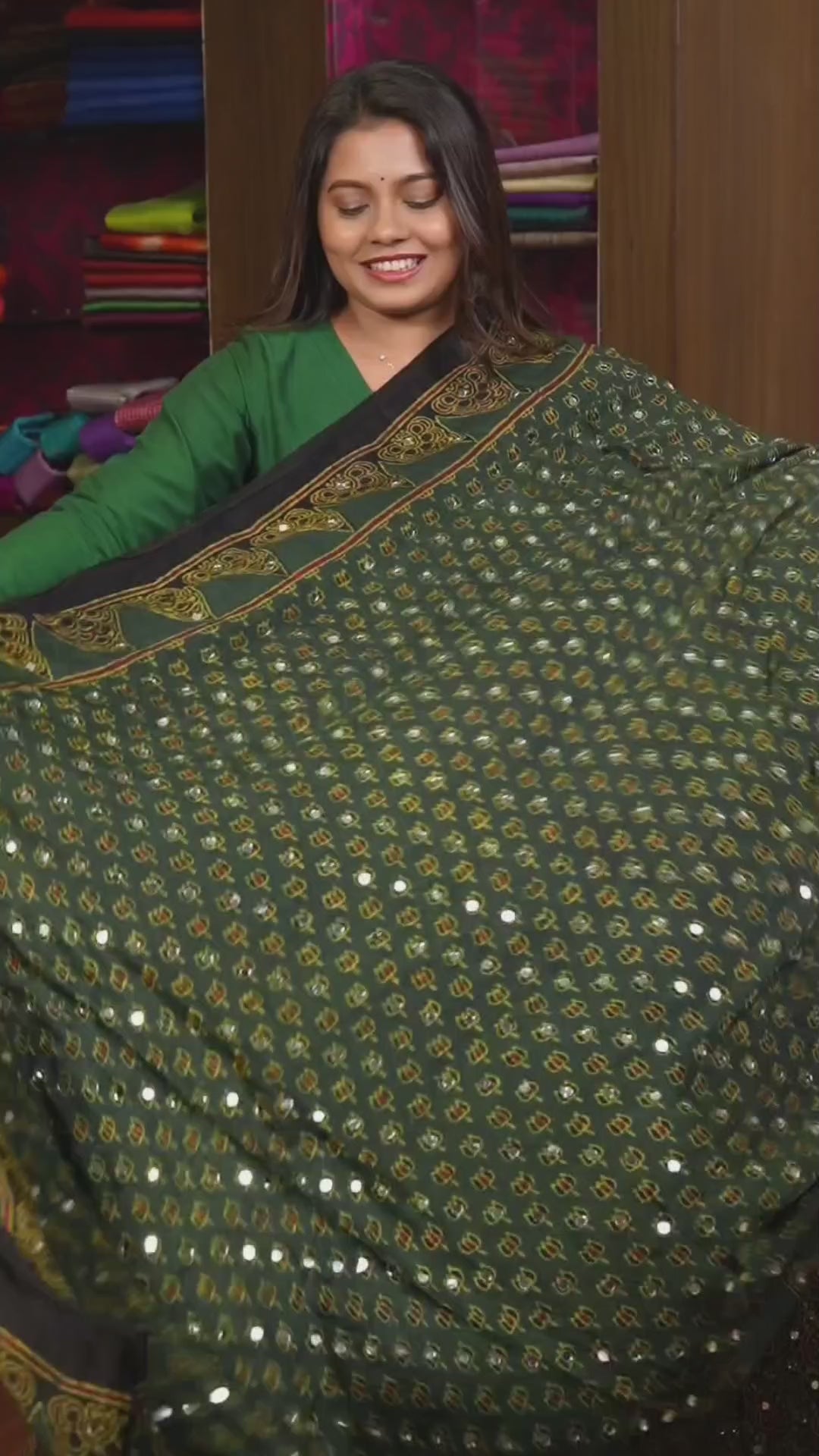 Green Lotus Mirror Work Ajrakh Modal Silk Saree