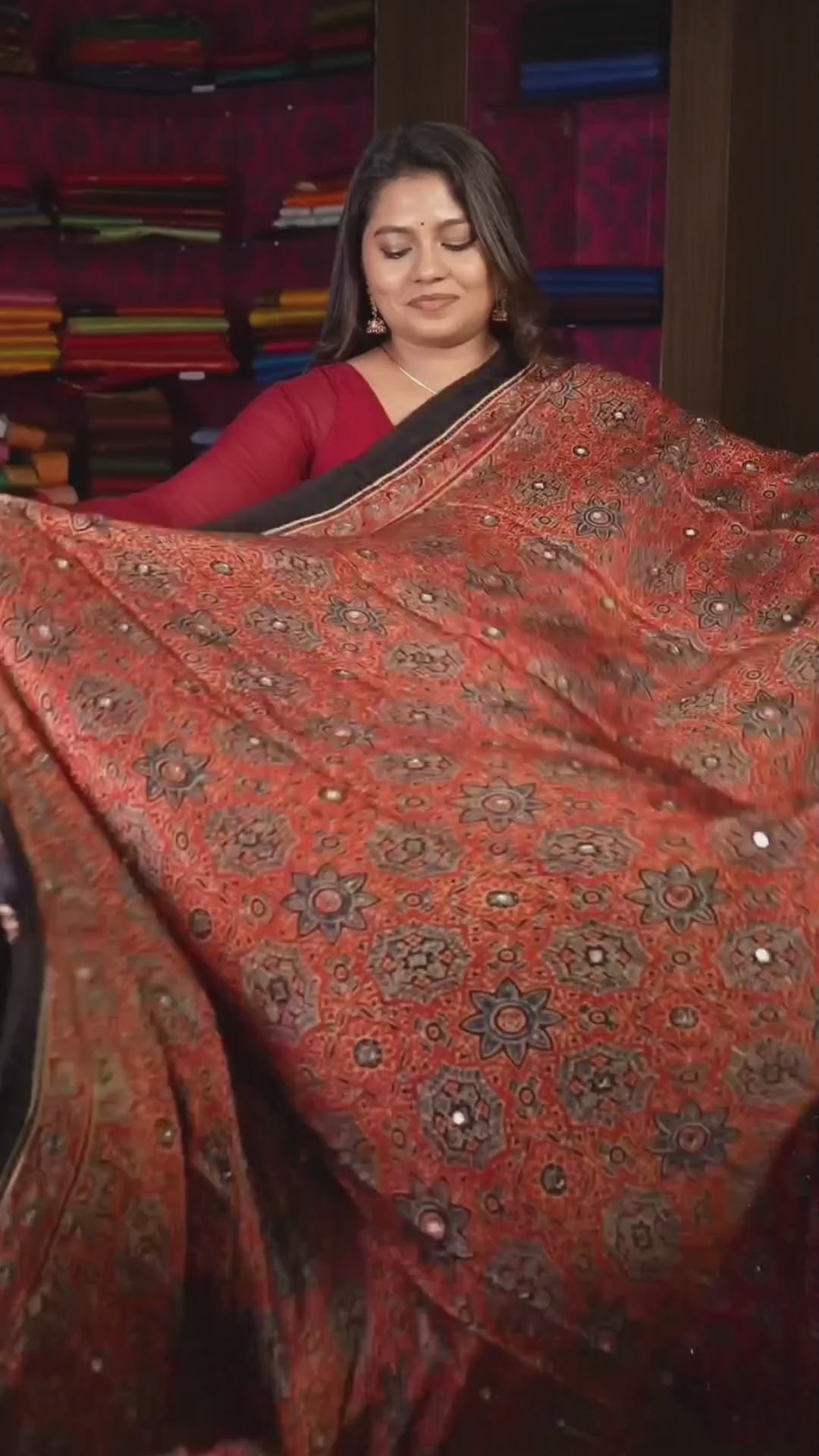 Maroon And Blue Mirror Work Ajrakh Modal Silk Saree