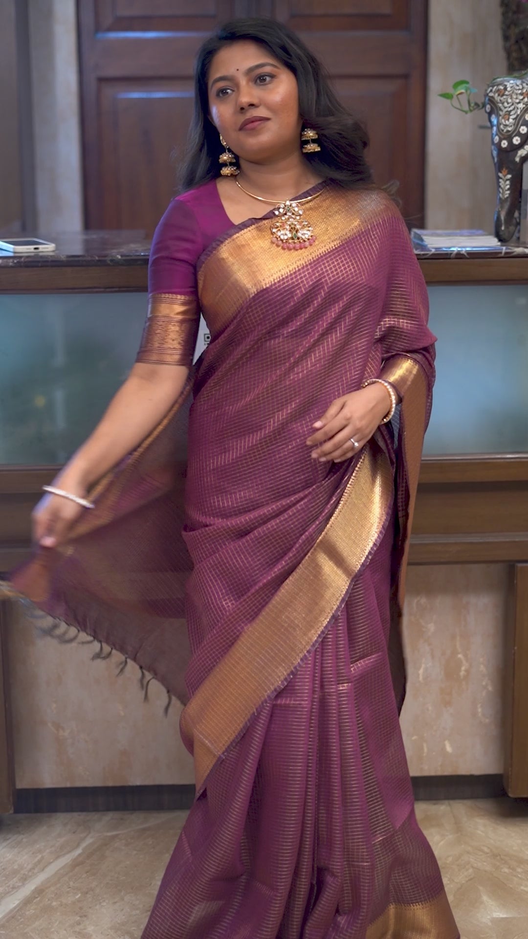 Velvet Maroon Maheshwari Saree