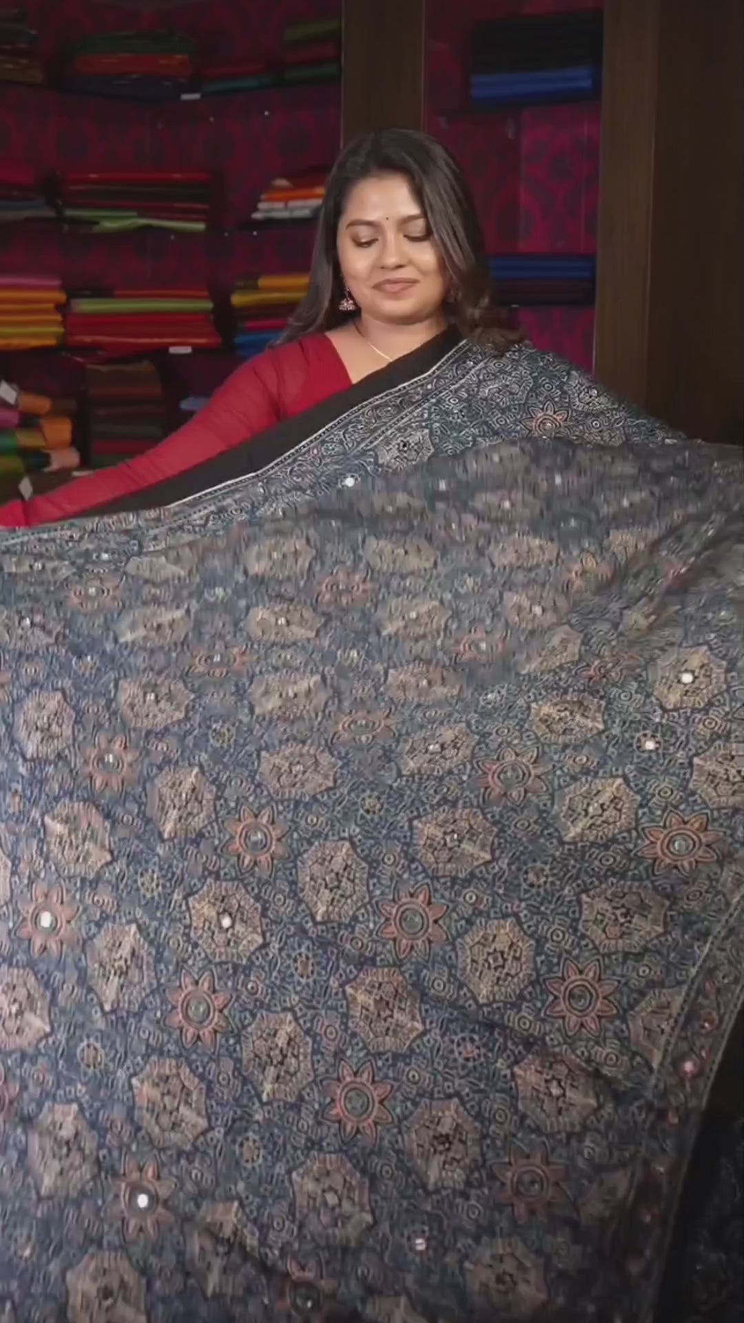 Blue Mirror Work Ajrakh Modal Silk Saree