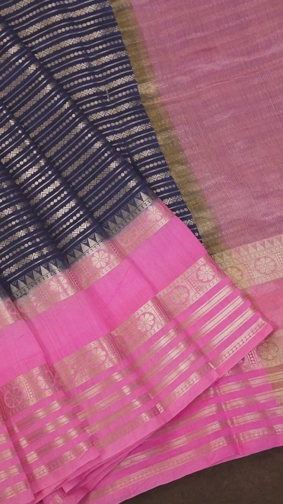 Dark Navy With Baby Pink Chiniya Silk Saree