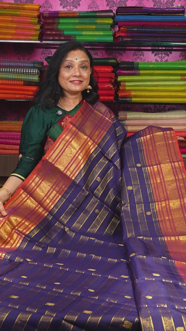 Navy Blue With Orange Pure Kanchivaram Silk Saree