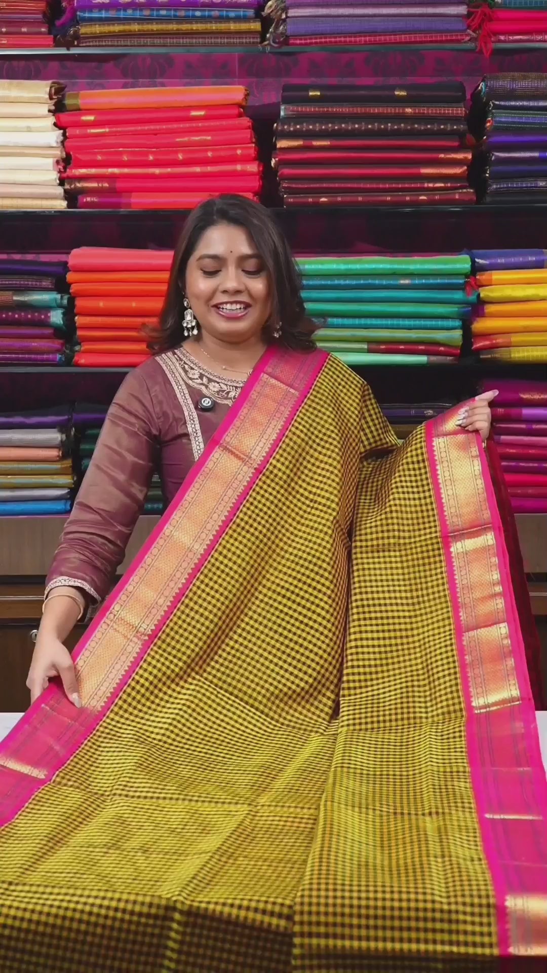 Mustard Yellow Checked With Pink Pure Silk Cotton Saree