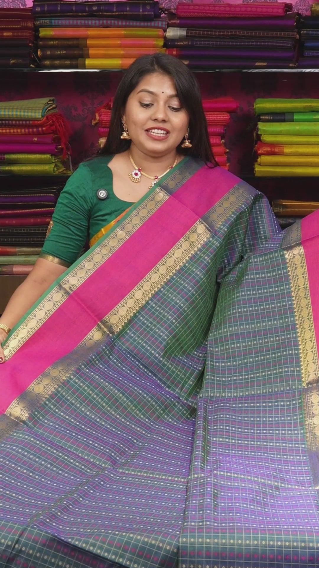 Peacock Blue With Rani Pink Chettinad Silk Cotton Saree