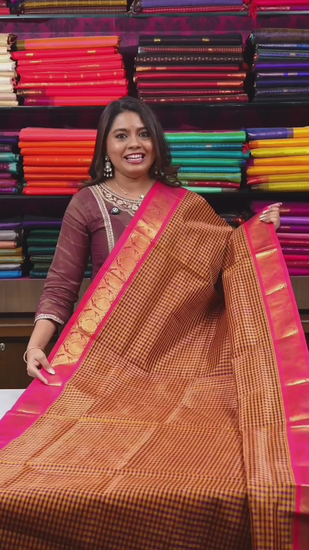 Brown Checked With Pink Pure Silk Cotton Saree