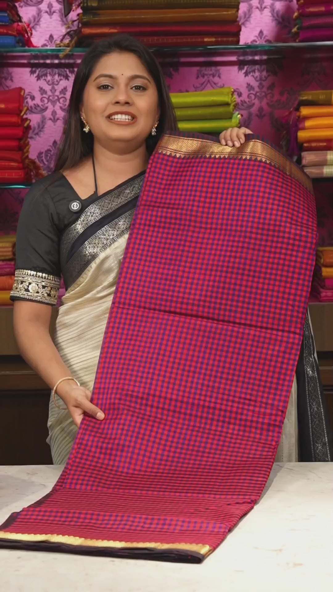 Red With Navy Blue Kattam With Small Border Pure Silk Cotton Saree