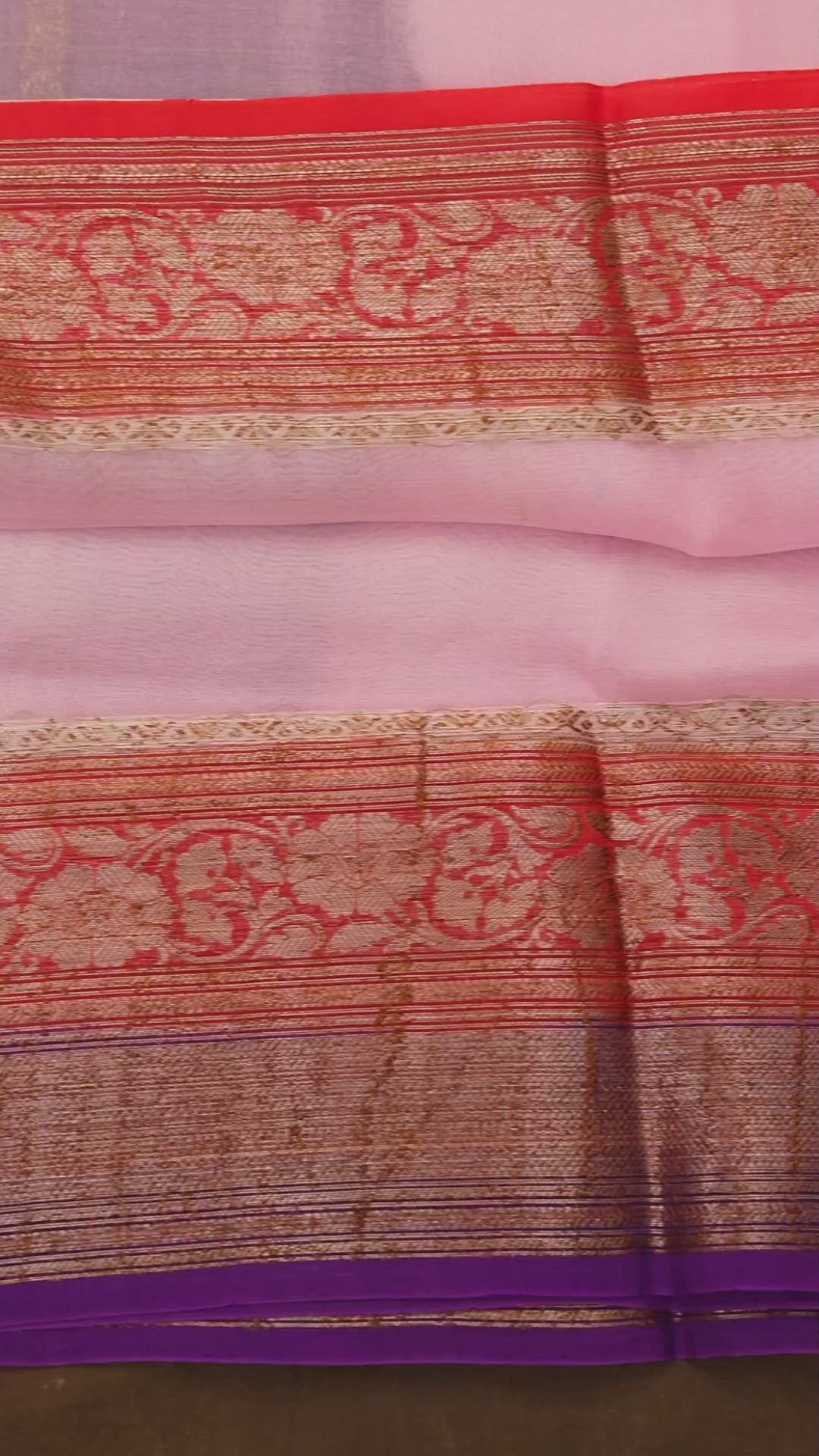 Lilac Pink With Red Brown Banarasi organza saree
