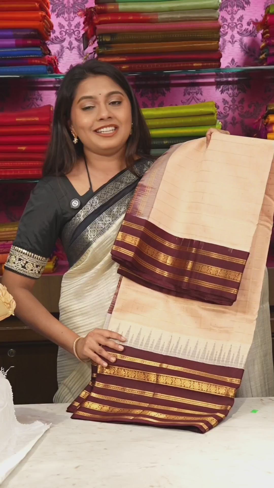 Biscuit With Coffee Brown Varisapet Pure Silk Cotton Saree