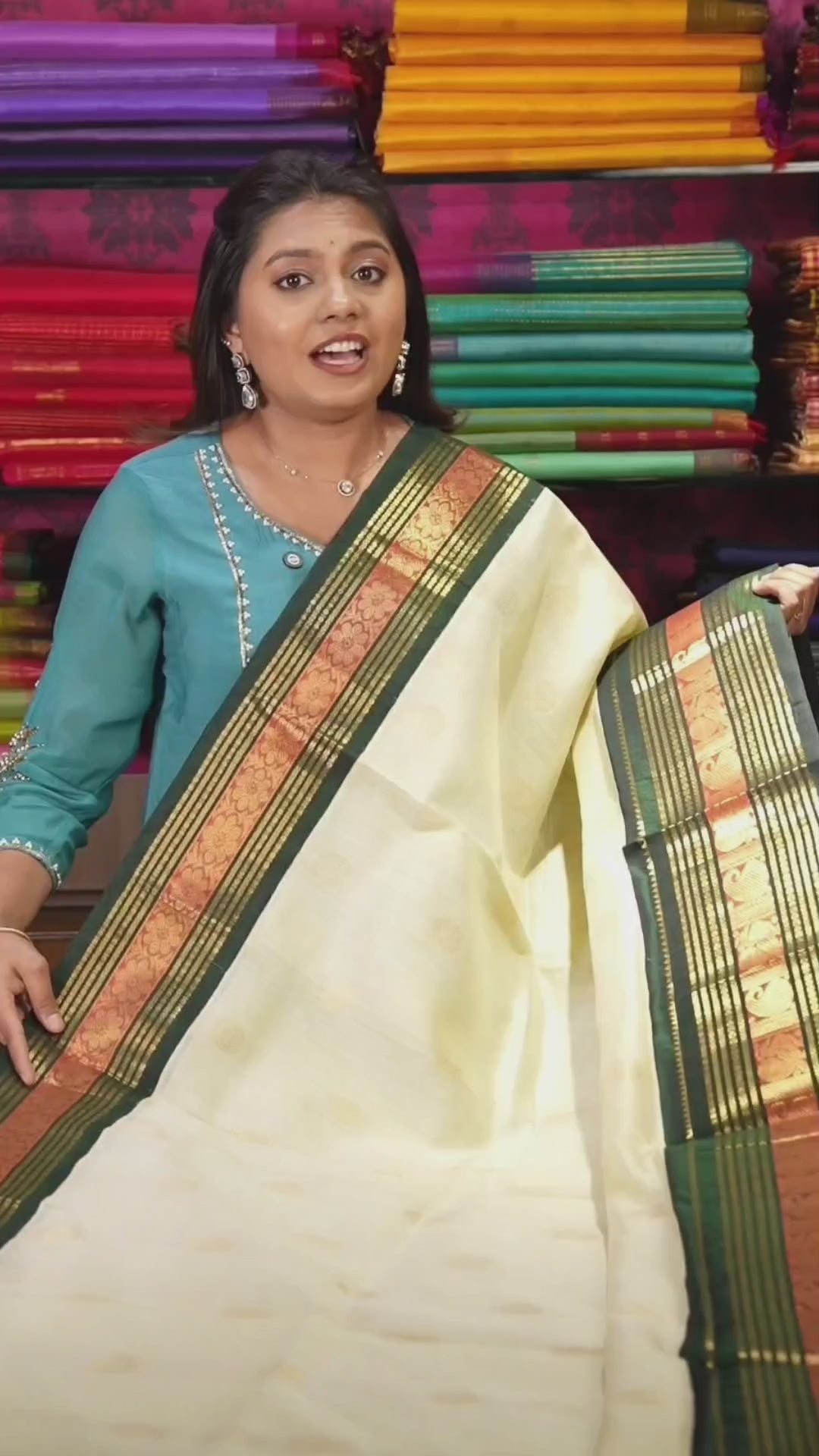 White With Bottle Green Pure Kanchi Silk Cotton Saree