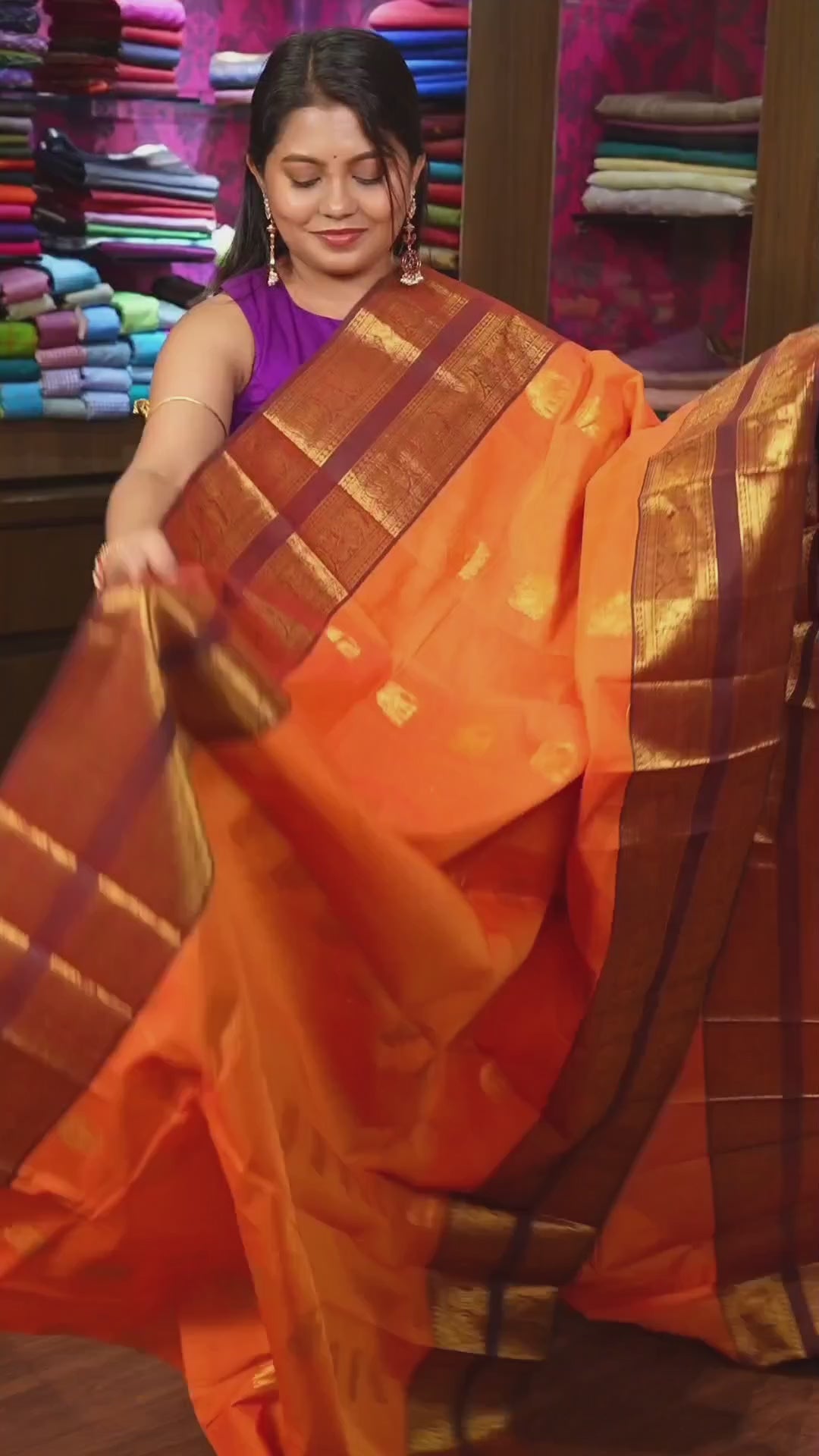 Orange With Purple Kanchi Cotton Saree