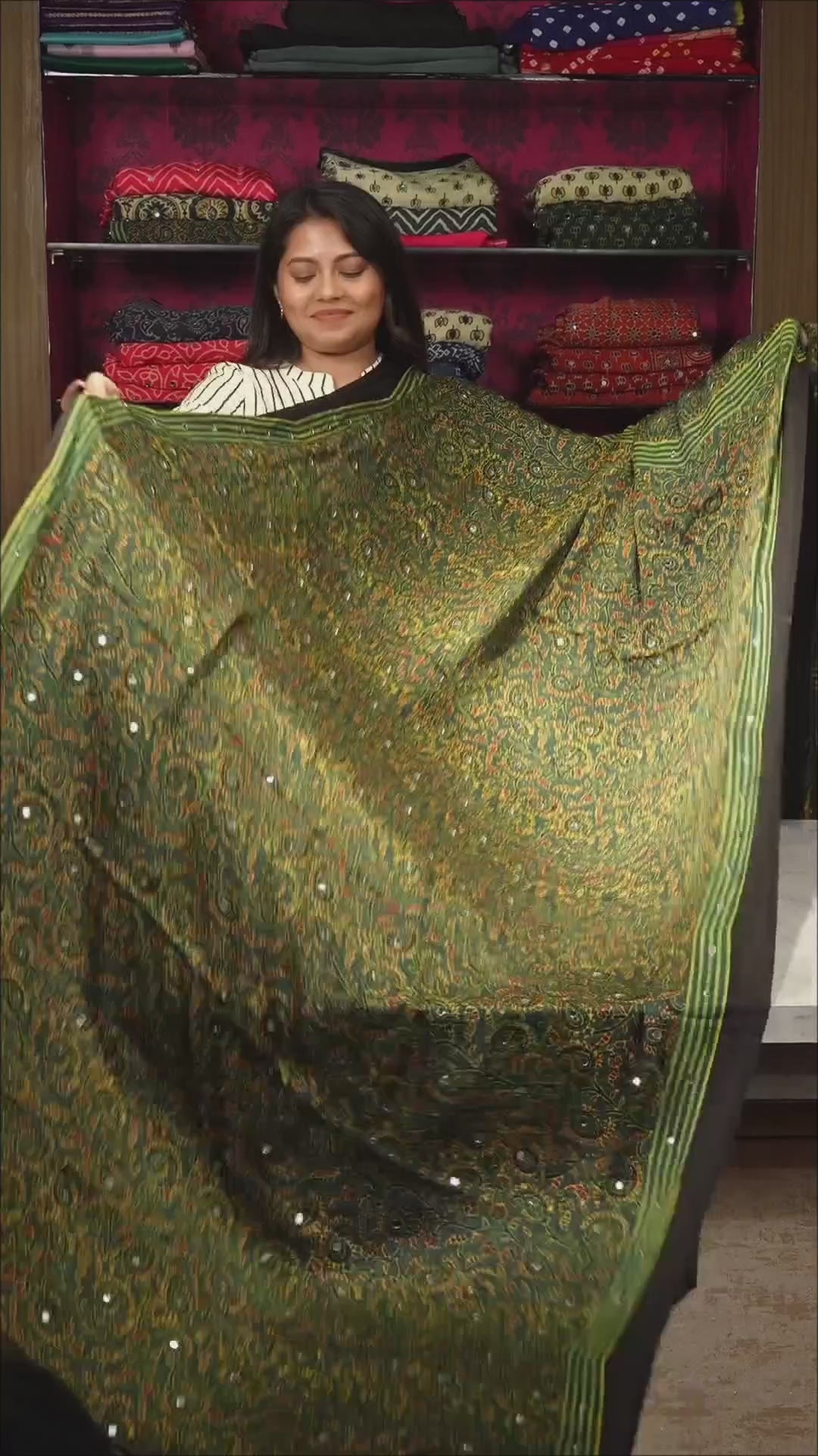 Green Mirror Work Ajrakh Modal Silk Saree