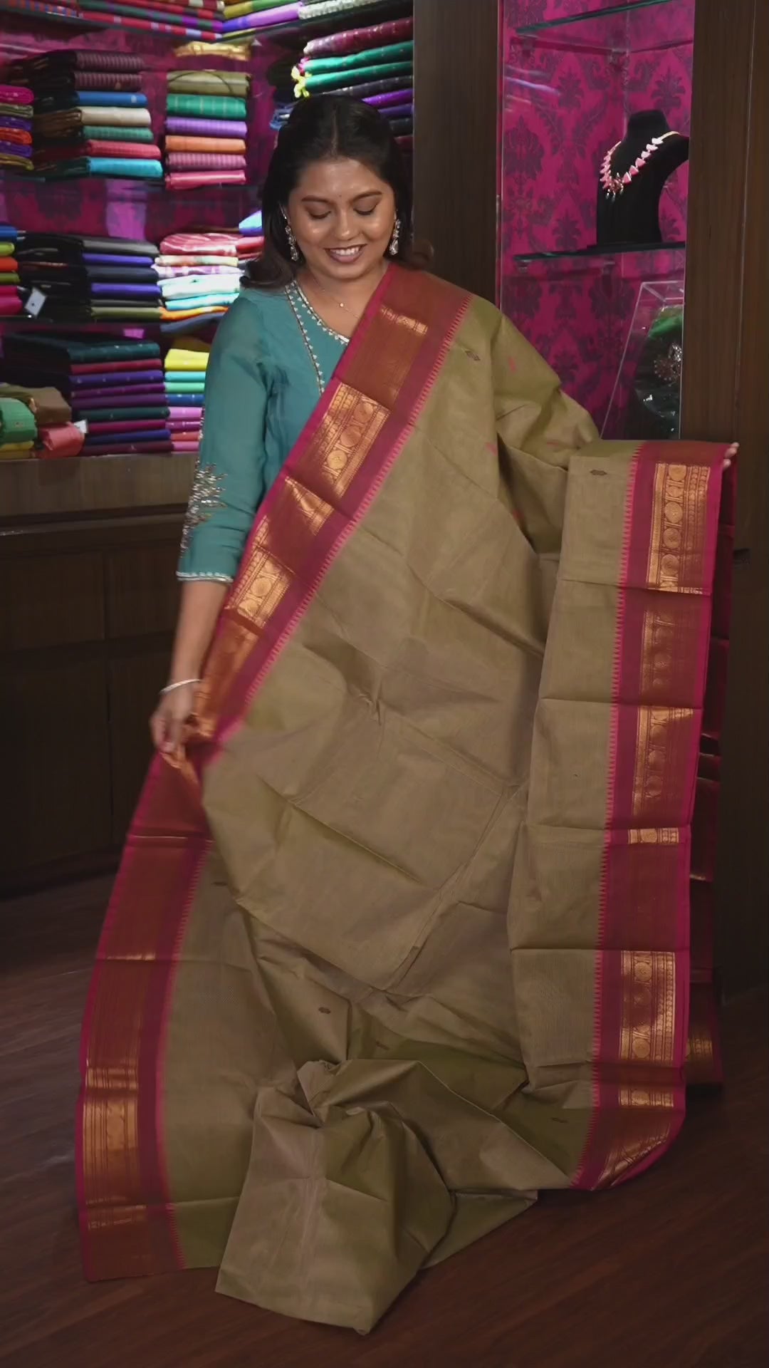 Beige With Pink Kanchi Cotton Saree