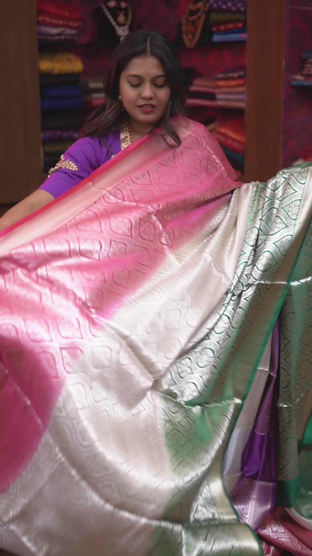 Ivory With Hot Pink And Emerald green Banarasi Silk Saree