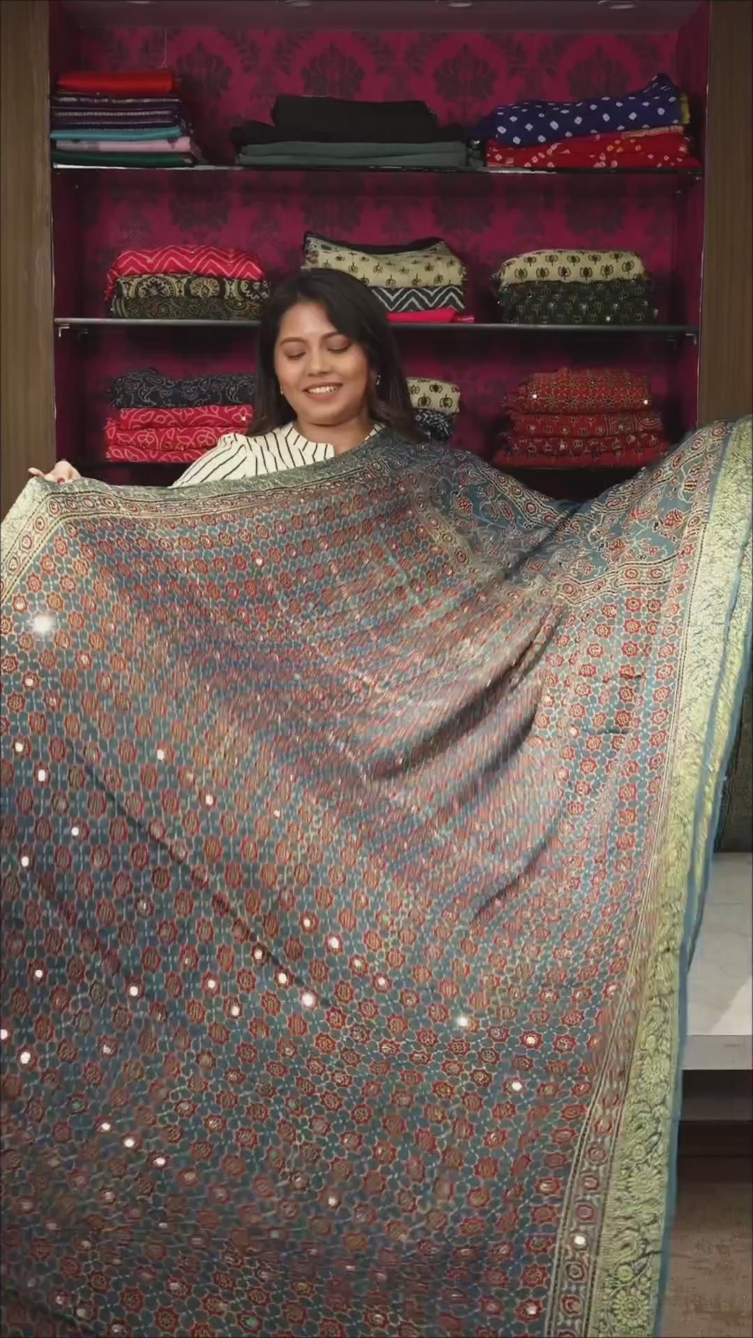 Blue Mirror Work Ajrakh Modal Silk Saree