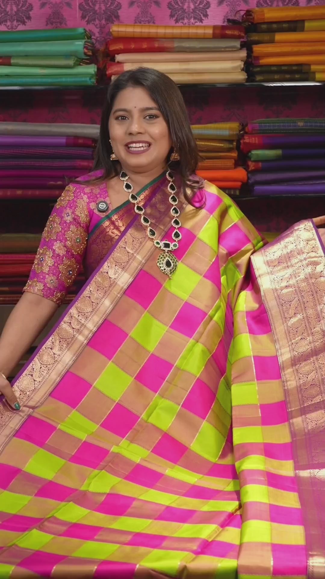 Pink And Lime Green Yaanai Kattam With Purple Pure Soft Silk Saree